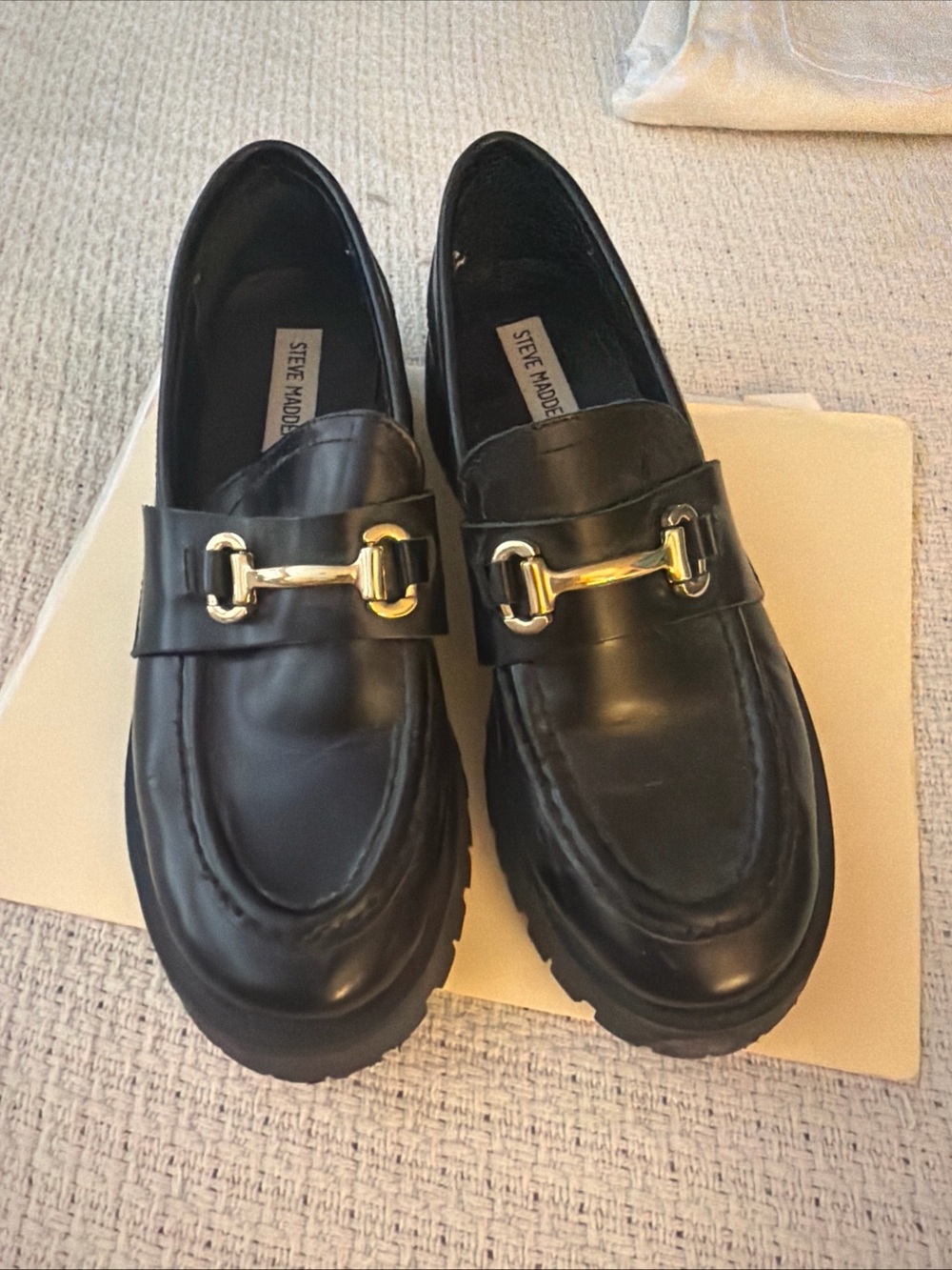 Steve Madden Black Leather Loafers with Gold Bit